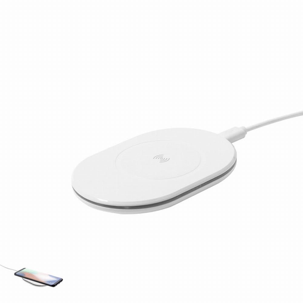 A wireless charger in white, featuring a smooth, oval design with a white cable attached. Zosmal RCS - Image 1
