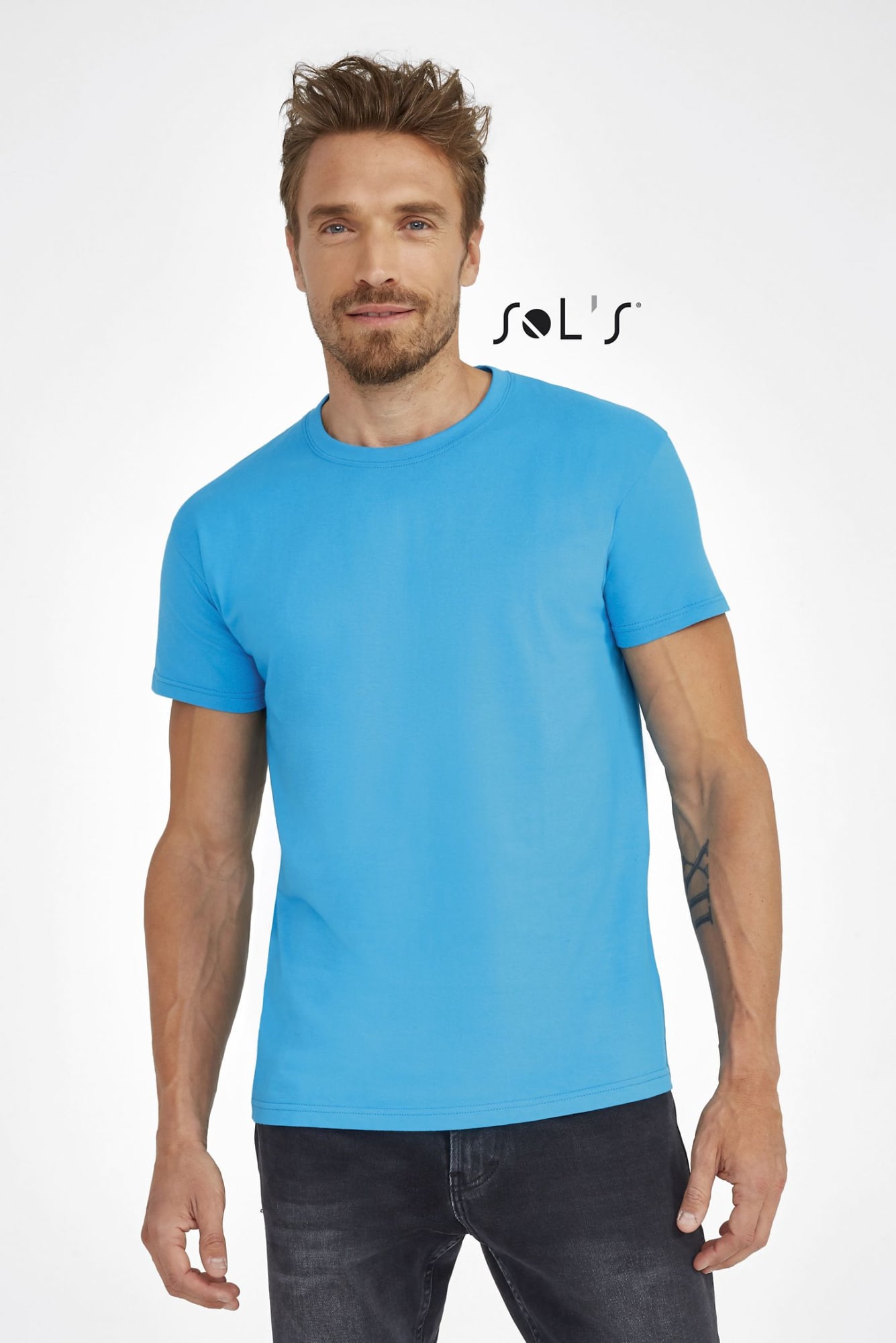 A blue round neck men's T-shirt made of 100% semi-combed ring-spun cotton, featuring a logo. T-shirt round neck Men's 100% semi combed ring spun cotton IMPERIAL - Image 1