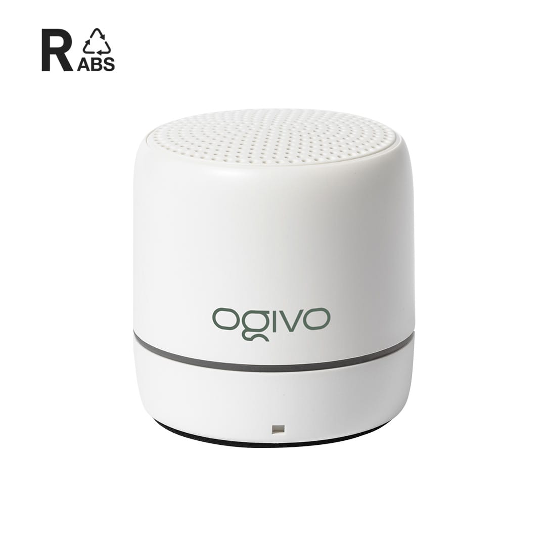 A white cylindrical speaker featuring a mesh top and a logo, suitable for audio playback. Medran RCS Speaker - Image 1
