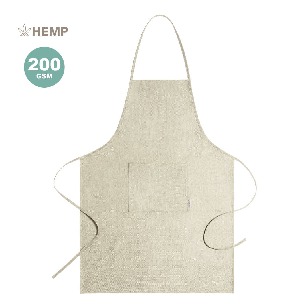 A beige hemp apron with a pocket, featuring ties at the neck and waist, and a logo in the corner. Leiza Apron - Image 1