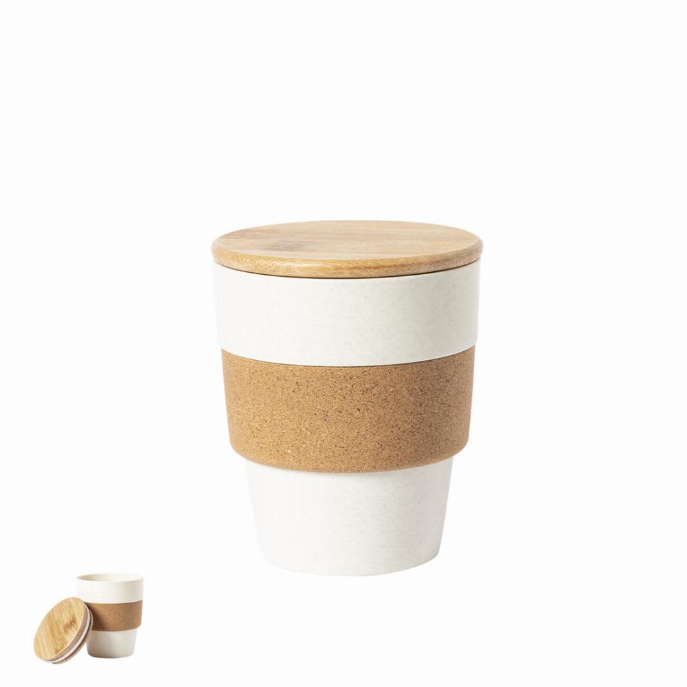 A drink bottle with a white body, cork band, and a wooden lid, featuring a stylish, modern design. Fredy - Image 1