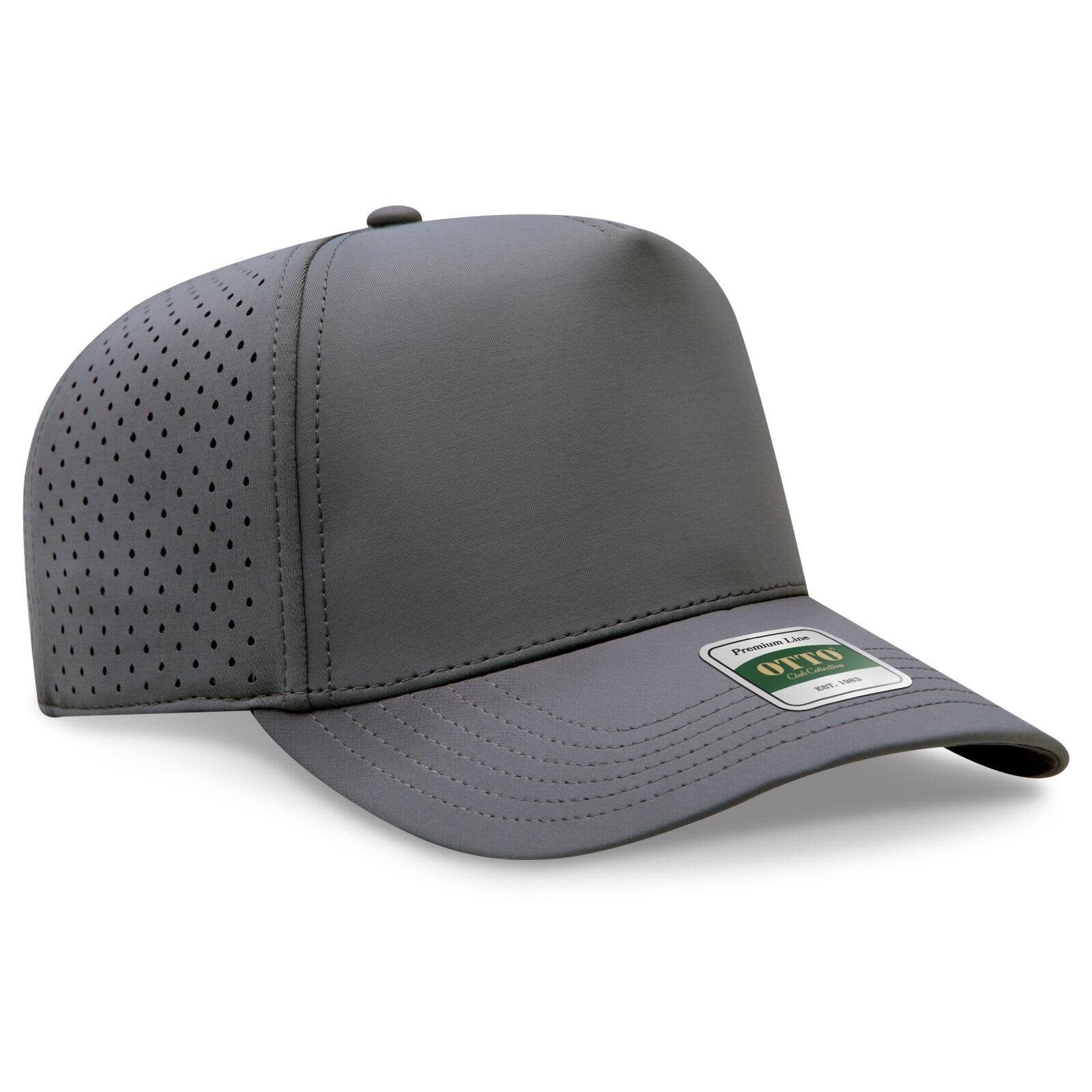 A grey mid-profile perforated cap with a curved brim and a logo on the front. Club Collection 5 Panel Mid Profile Perforated Cap - Image 1
