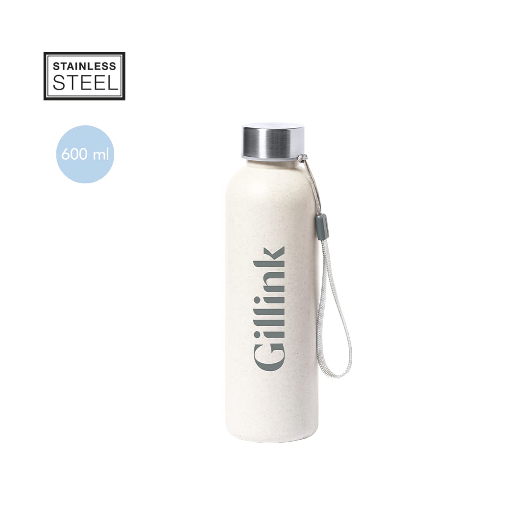 A drink bottle made of stainless steel, featuring a light cream colour and a grey logo, with a carry strap. Wistel Bottle - Image 1
