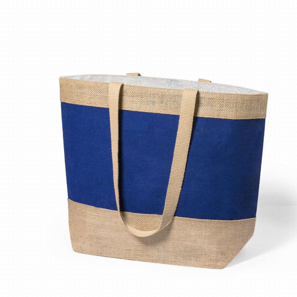 A tote bag featuring a blue canvas body with a jute base and handles. The bag has a simple, stylish design. Raxnal - Image 1