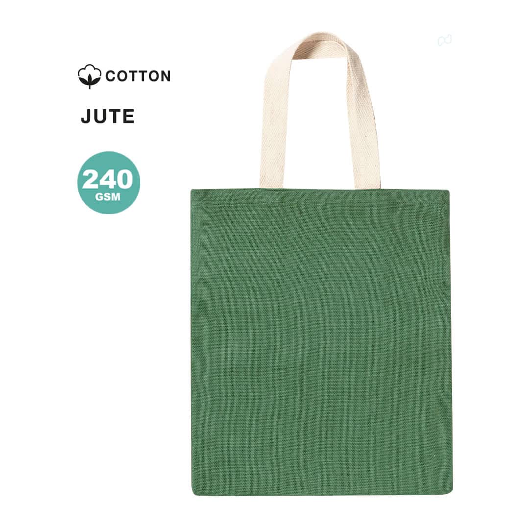 A green jute tote bag with natural-coloured handles, featuring a logo on the material. Brios Bag - Image 1