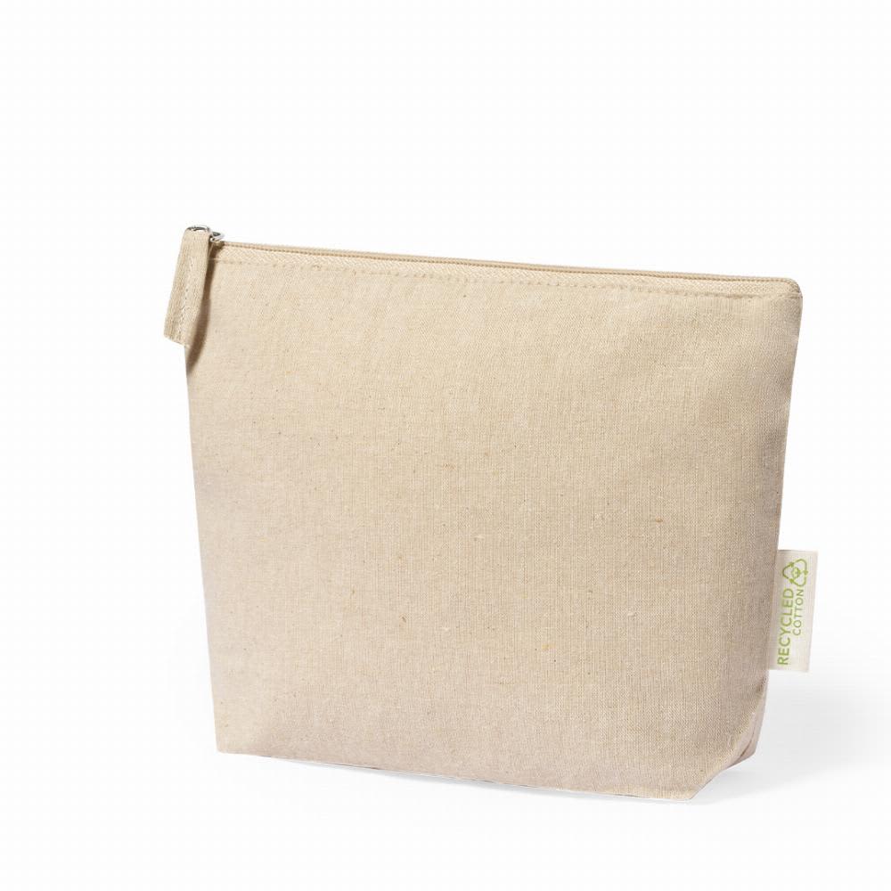 A beige recycled cotton pouch with a zip closure, featuring a small logo tag. Plaum - Image 1
