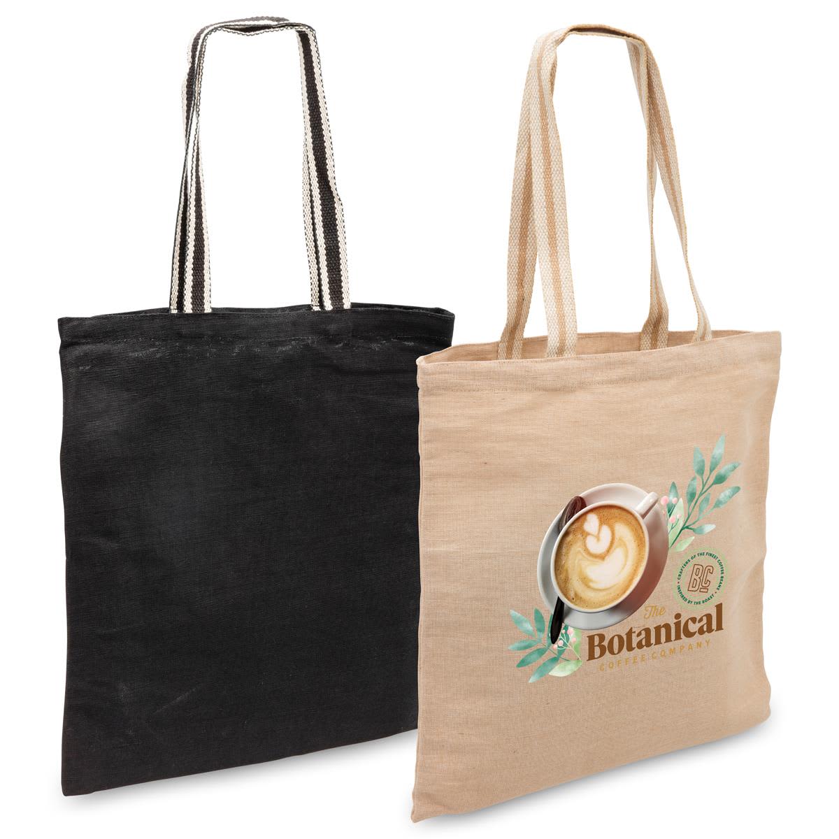 A black jute tote and a natural jute tote featuring a coffee cup design, both with sturdy handles. Eco Jute Tote - Image 1