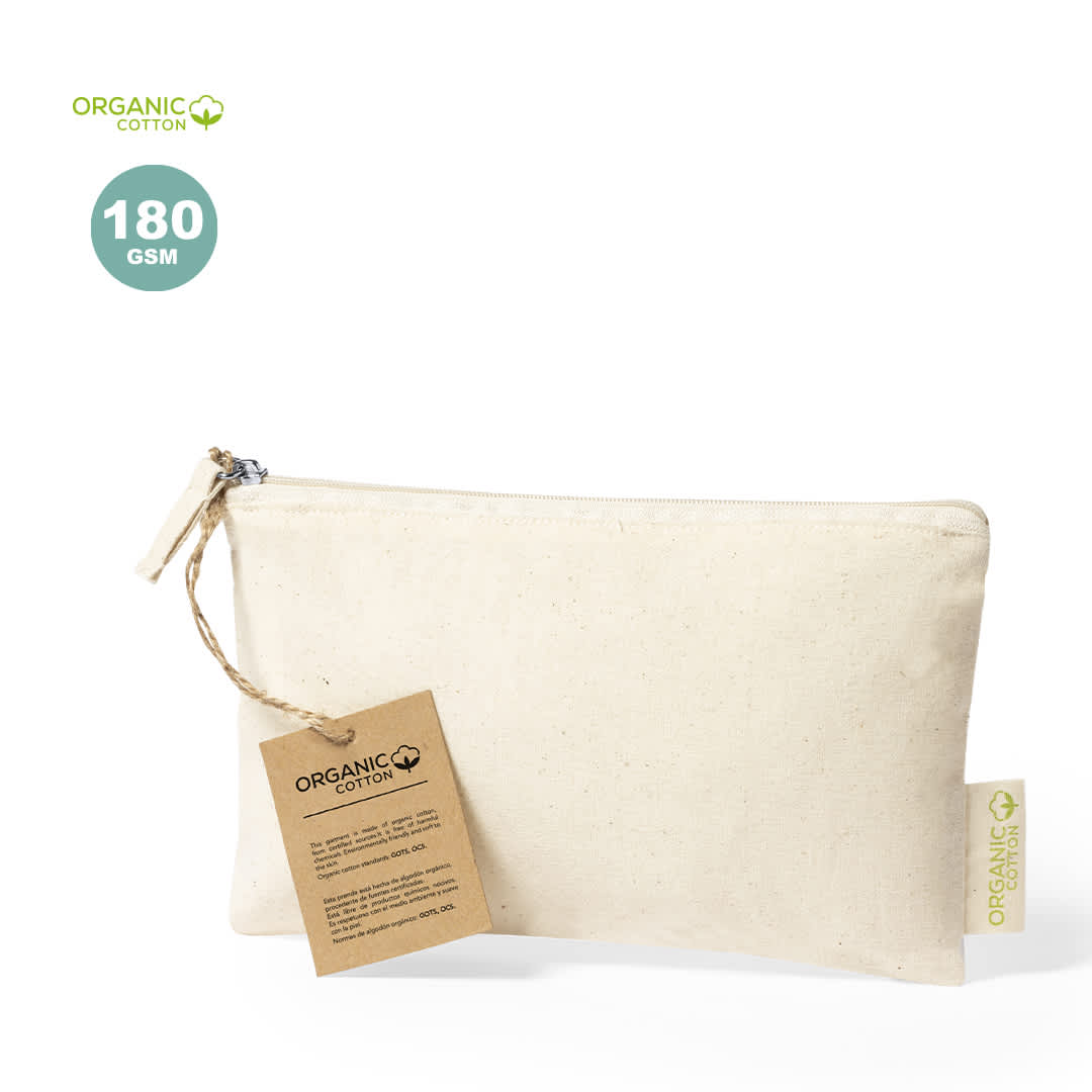 A cream toiletry bag made of organic cotton with a zipper closure and a hanging tag. It features a branding logo. Plumok Beauty Bag - Image 1