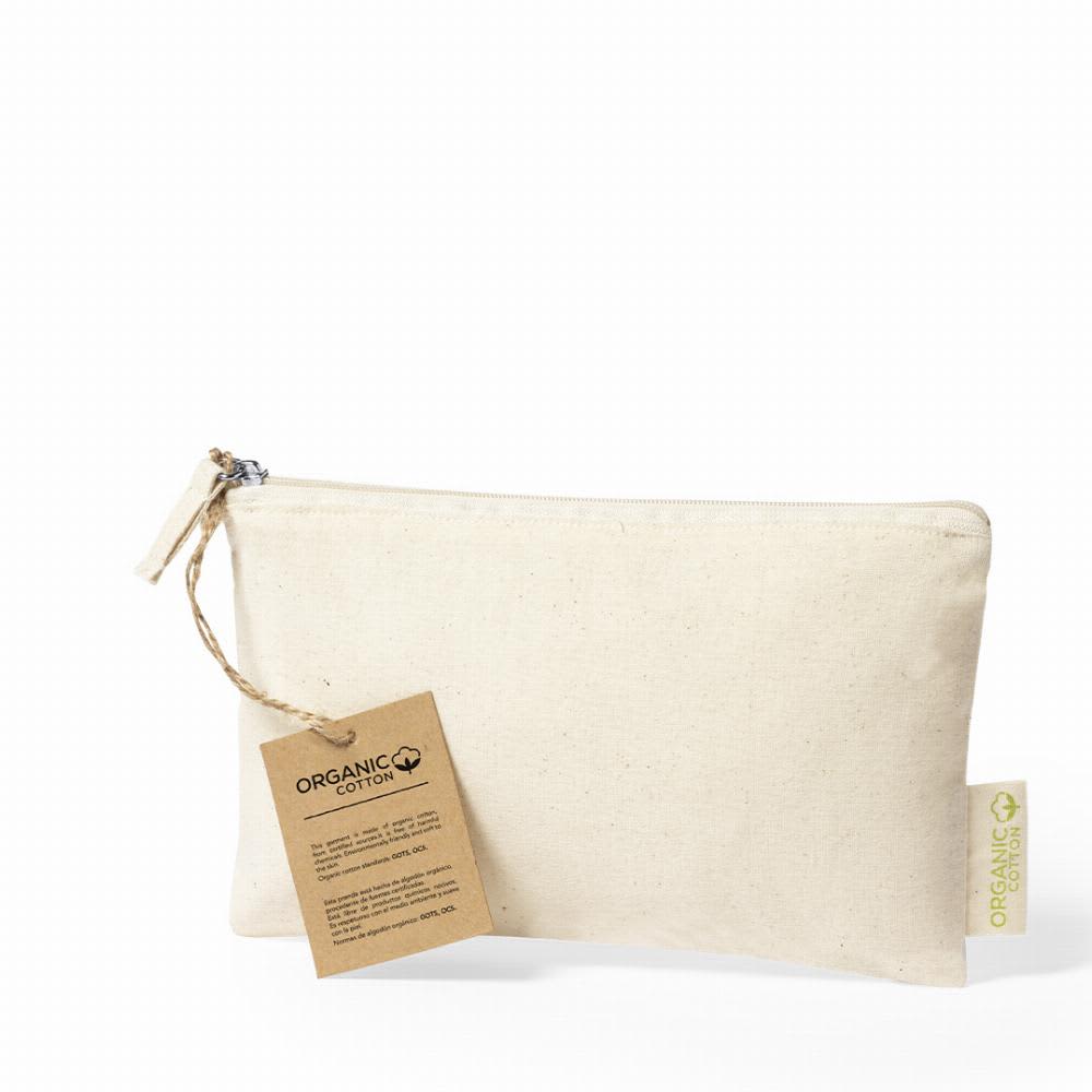 A zippered pouch made of organic cotton, featuring a natural cream colour and a decorative tag. Plumok - Image 1