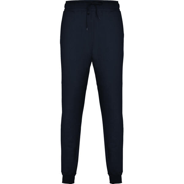 Navy track pants with a fitted design, featuring an elastic drawstring waistband and closed cuffs. Includes a logo. Adelpho Track Pants (Youth) - Image 1