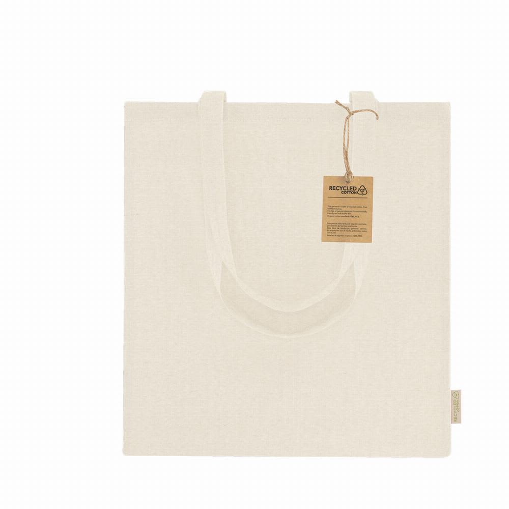 A cream-coloured tote bag with two straps and a tag, made from recycled materials. Rassel - Image 1
