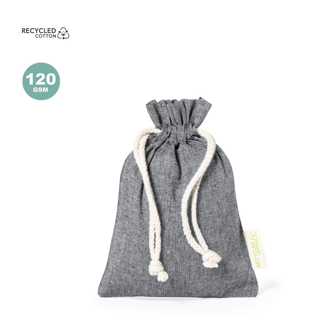 A grey drawstring bag made of recycled cotton, featuring a natural rope closure and a small branding label. Karzak Bag - Image 1
