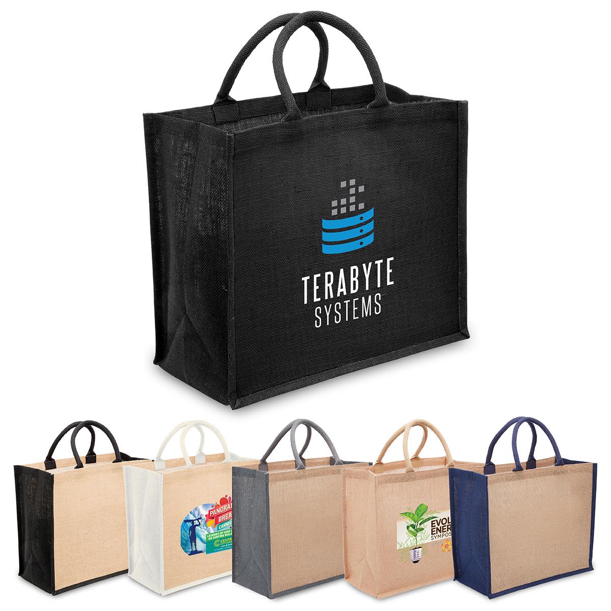 A black jute tote with wide gusset and handles, alongside totes in white, beige, and navy, featuring various designs. Eco Jute Tote with wide gusset - Image 1