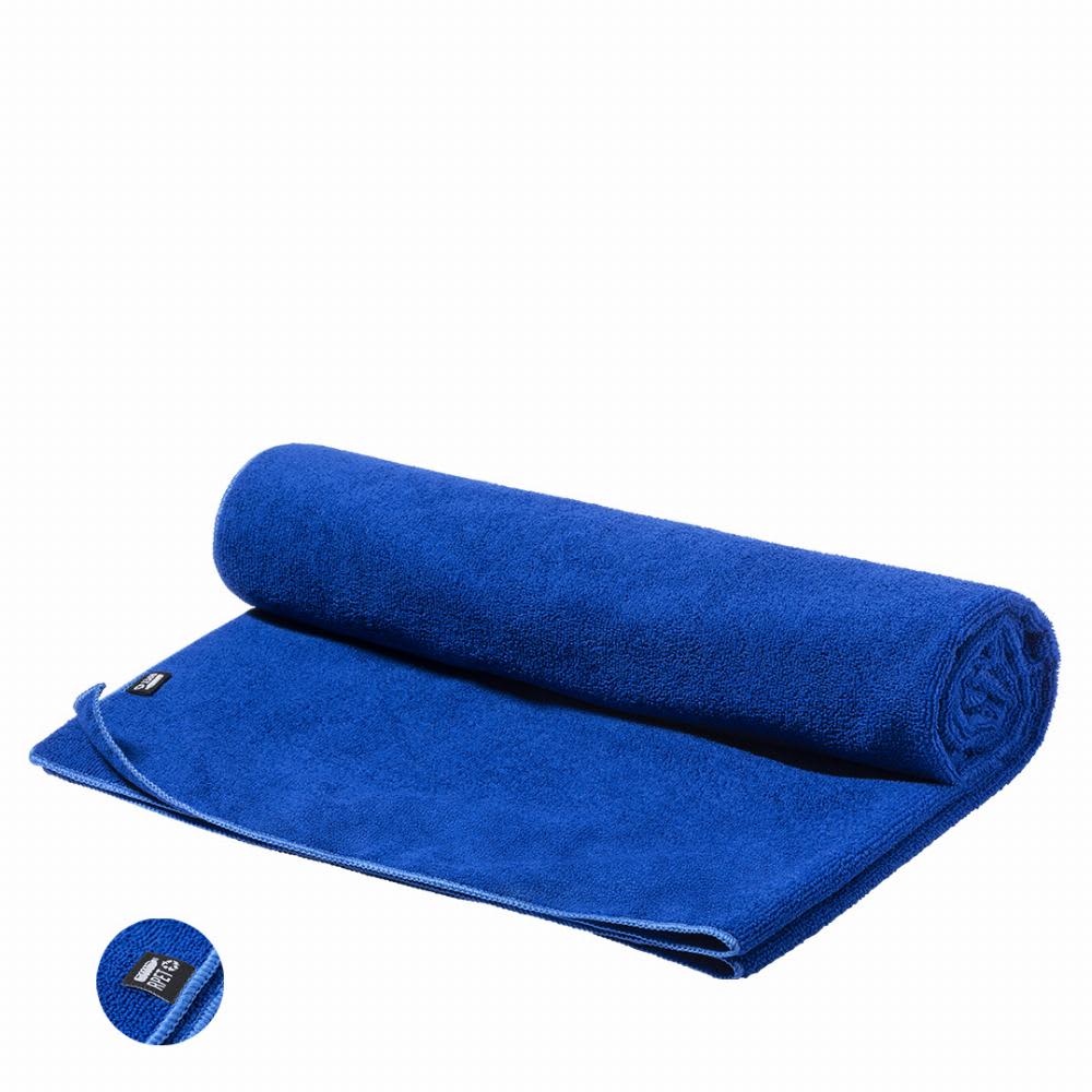 A rolled blue towel featuring a tag, showcasing a soft and fluffy texture. Risel - Image 1