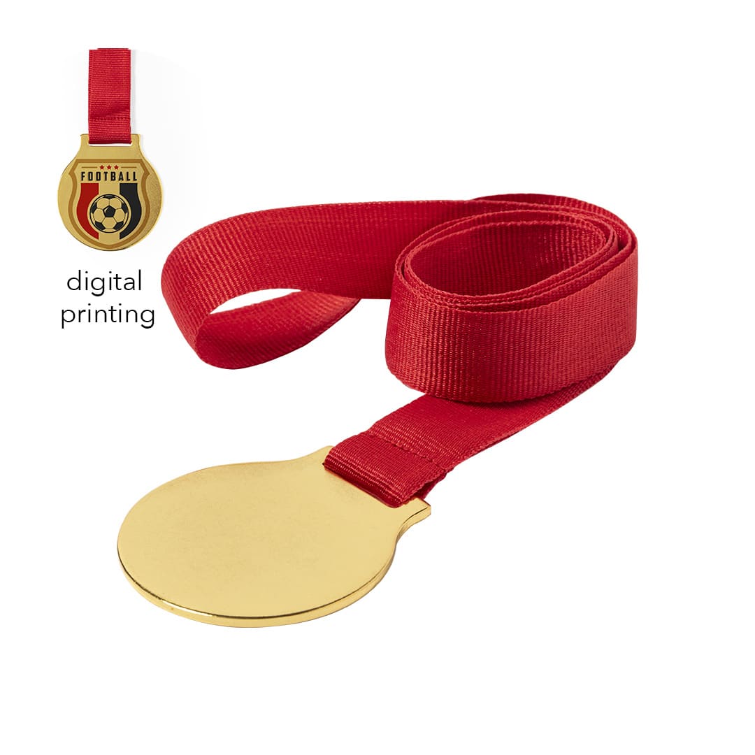 A gold medal with a red ribbon, featuring a circular design and a branding logo. Maclein Medal - Image 1