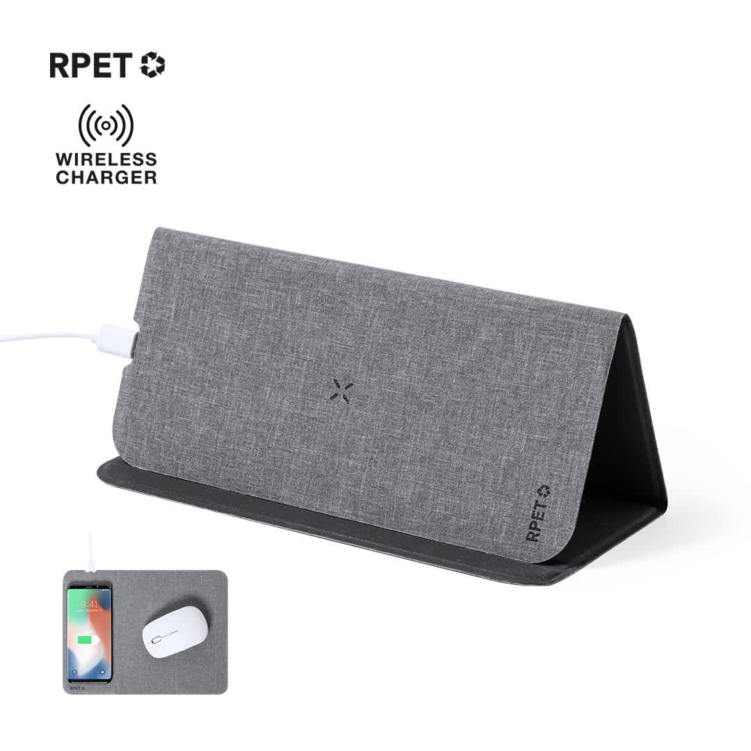A grey wireless charger mousepad with a fabric texture and an embedded logo, positioned on a flat surface. Kimy Charger Mousepad - Image 1