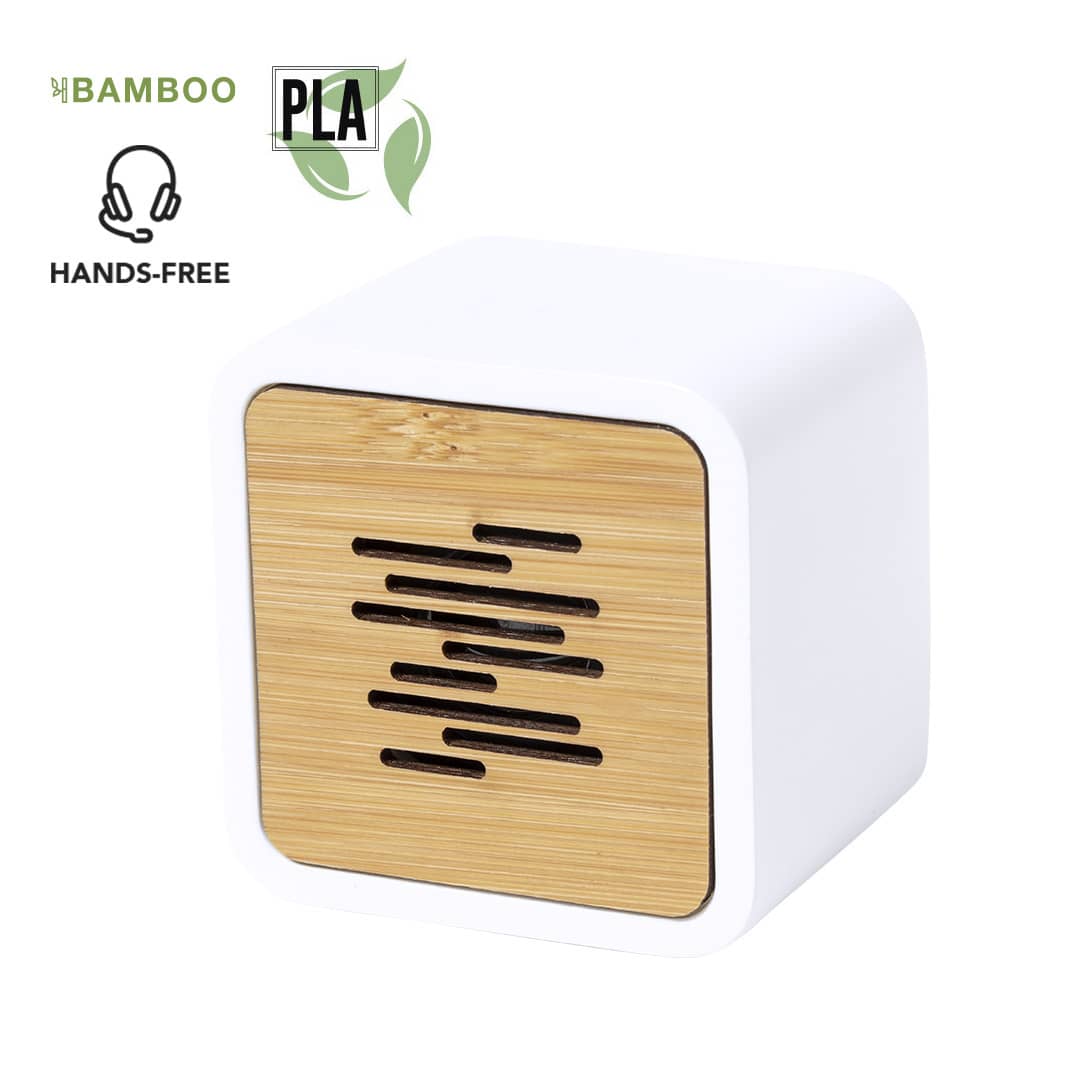 A square speaker in white with a bamboo front, featuring ventilation slots and a logo. Pixie Speaker - Image 1
