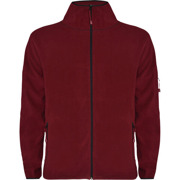 A maroon fleece jacket featuring a high collar and zippered pockets, with branding on the sleeve. Luciane Fleece Jacket - Image 1