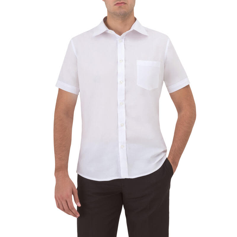A white short sleeve shirt featuring a front pocket, displayed on a model with black trousers. Prince Short Sleeve Shirt - Image 1