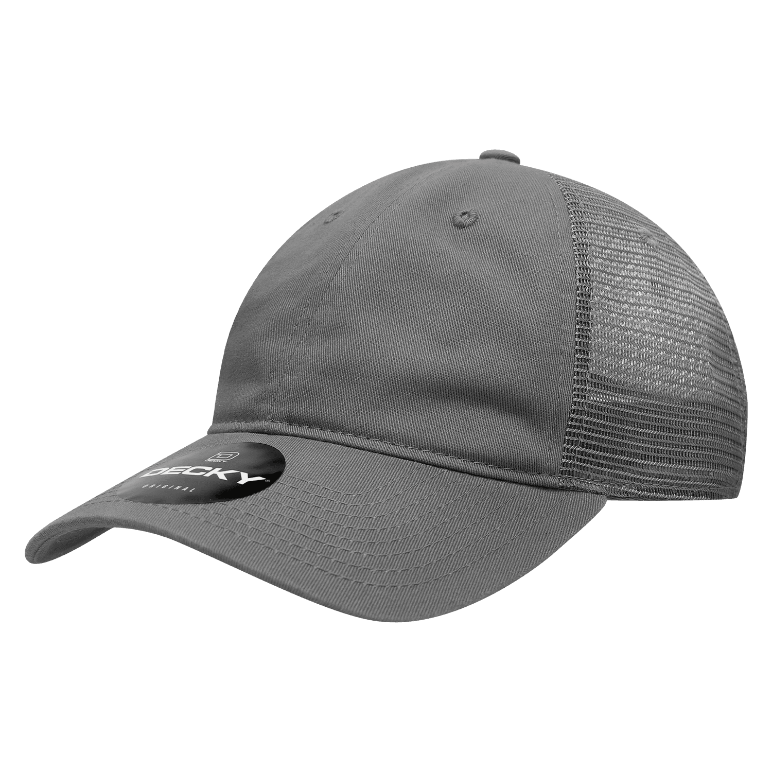 A grey low-profile trucker cap with a mesh back and a logo label on the front. 6 Panel Low Profile Relaxed Trucker - Image 1
