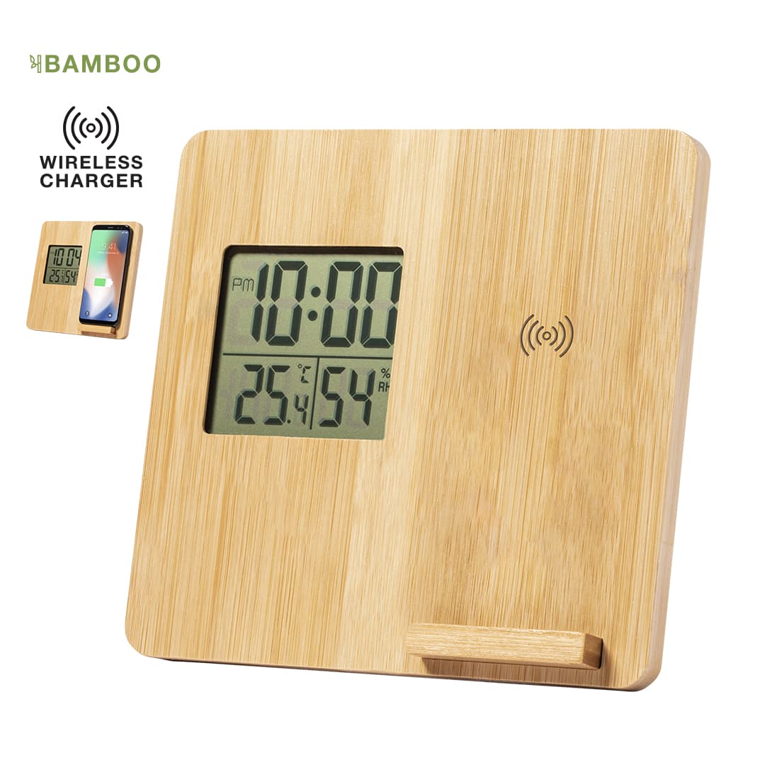A bamboo wireless charger with a digital clock display, featuring a charging symbol and a slot for devices. Fiory Weather Station Charger - Image 1