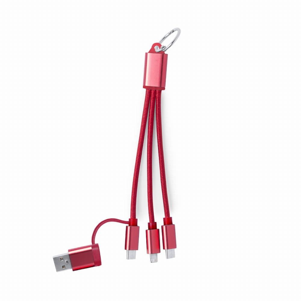 A red multi-cable with USB and other connector types, featuring a keyring for easy attachment. Frecles - Image 1