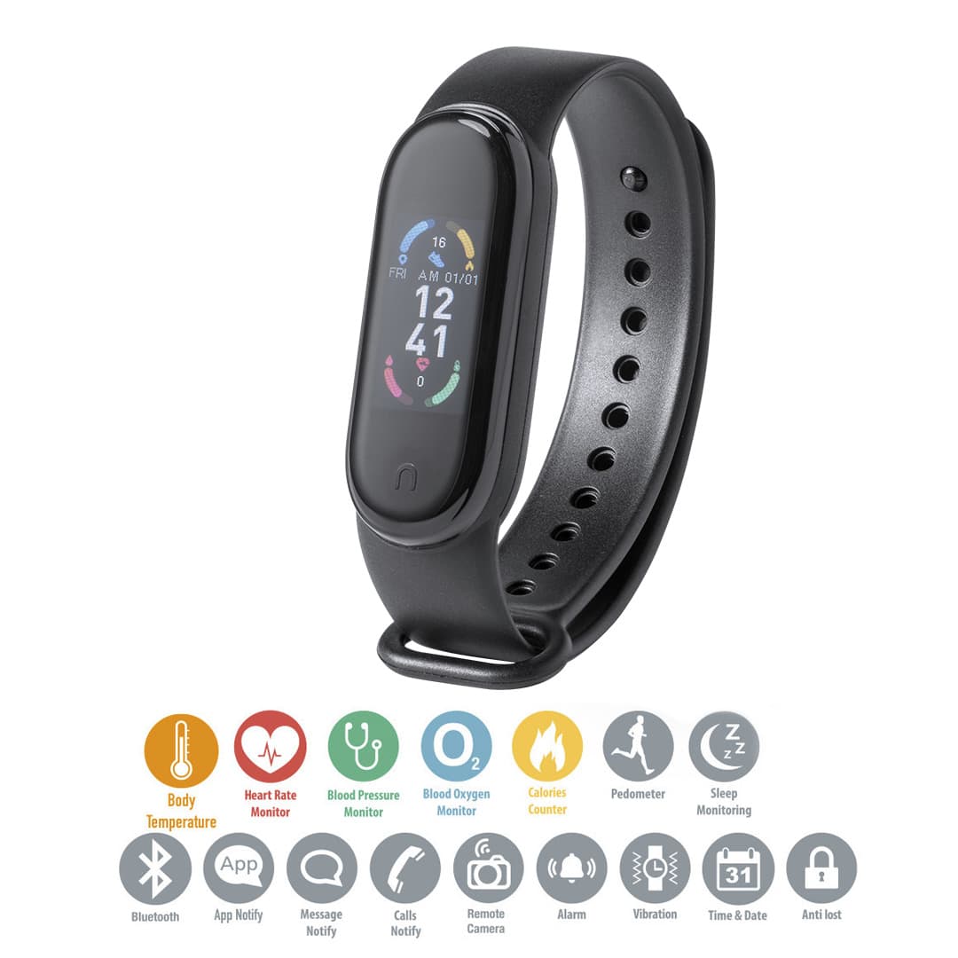 A black smart bracelet featuring a digital display and various health monitoring functions, with a logo visible. Selkos Smart Bracelet - Image 1