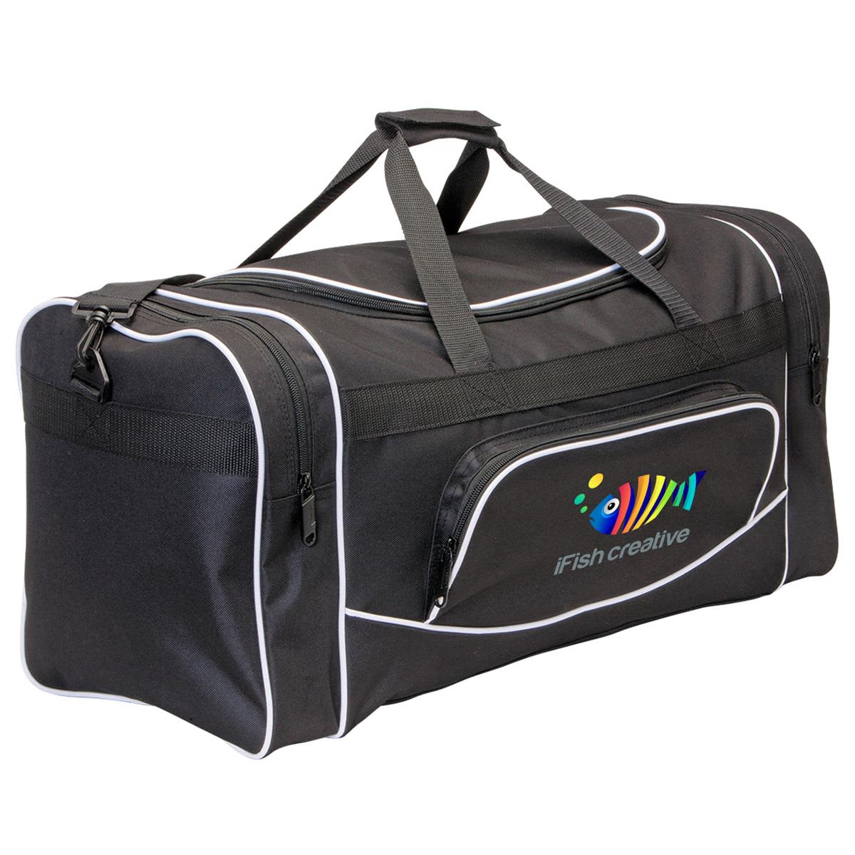 A black duffle bag with white accents and a logo on the front. It features a zippered pocket and sturdy handles. Ranger Sports Bag - Image 1