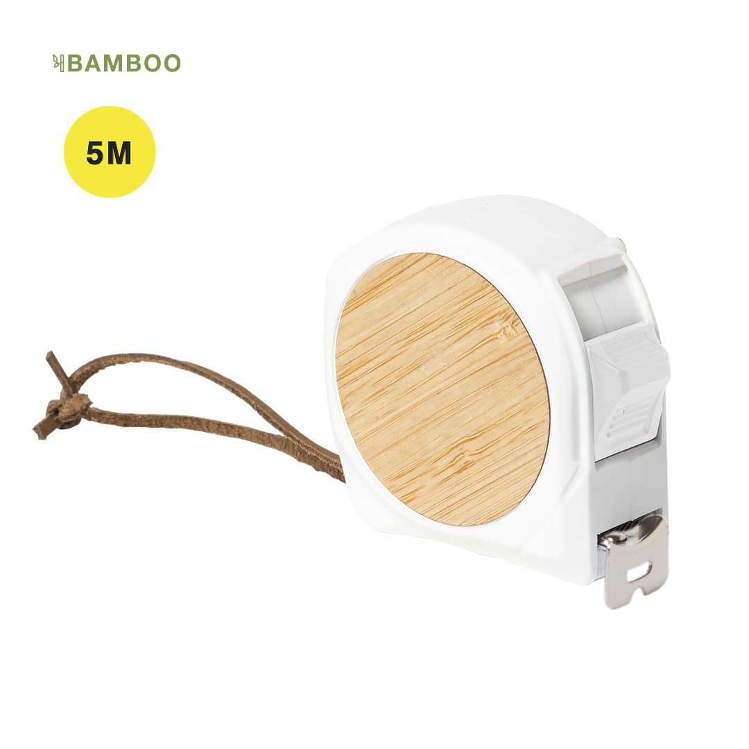 A white tape measure with a bamboo front, featuring a brown cord for attachment and a 5m measuring tape. Hermy 5m Tape Measure - Image 1