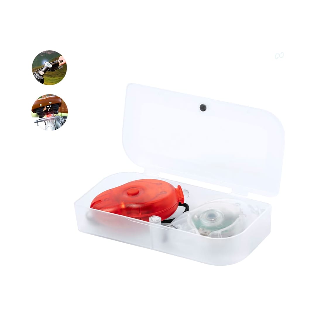 A safety light set in a clear case, featuring a red light and a clear light, designed for bicycle use. Bowel Bike Safety Light Set - Image 1