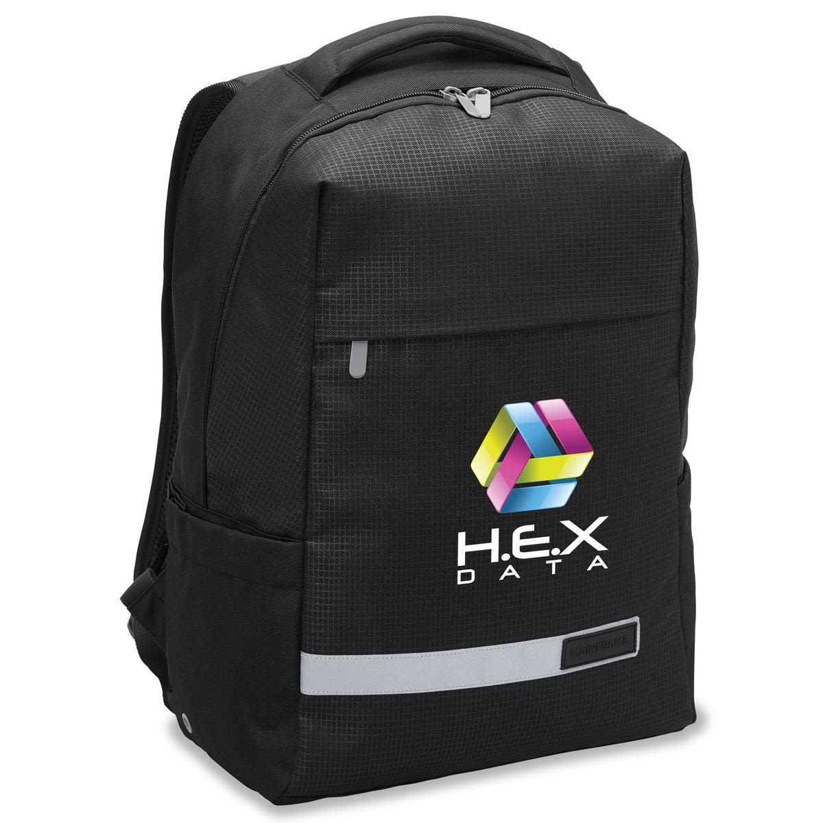 A black laptop backpack with a logo on the front and reflective strip. Features a sleek, modern design. Mainframe Laptop Backpack - Image 1