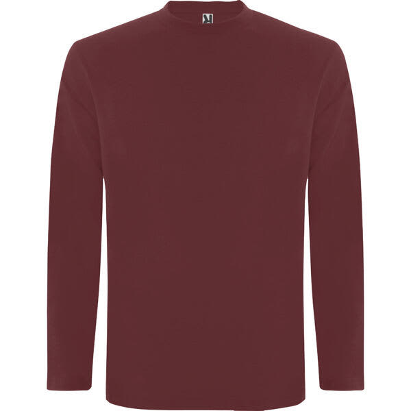 A maroon long-sleeved t-shirt with a crew neck and a small logo on the collar. Extreme Long Sleeved T-Shirt - Image 1