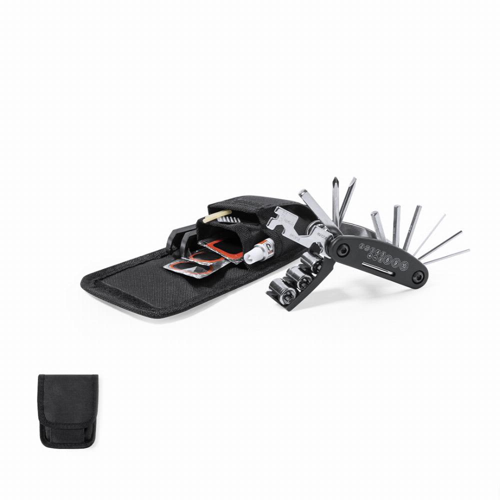 A multi-tool with various tools and a black carrying case. It features a compact design and several attachments. Gerald - Image 1