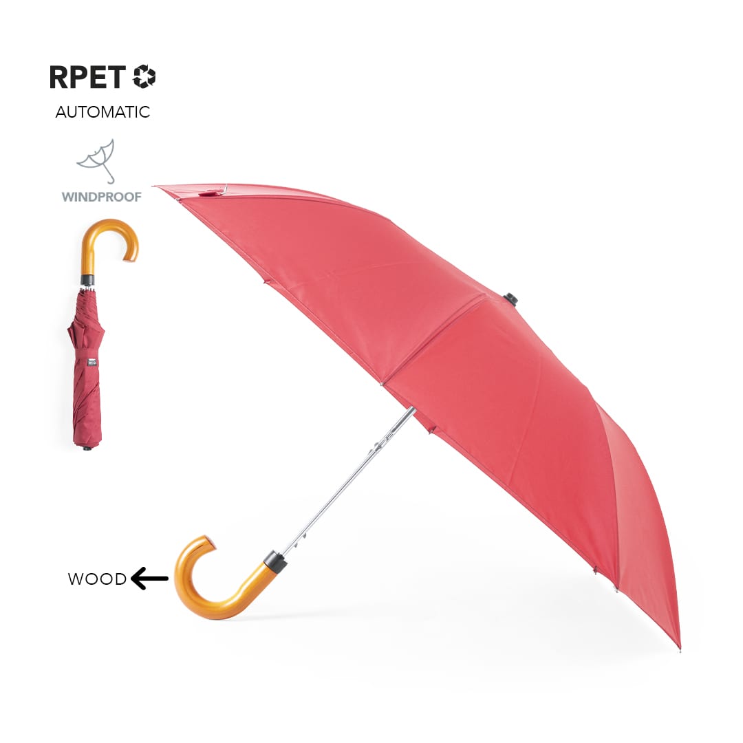A red automatic umbrella with a wooden handle and windproof design. It features a logo on the shaft. Branit Umbrella - Image 1