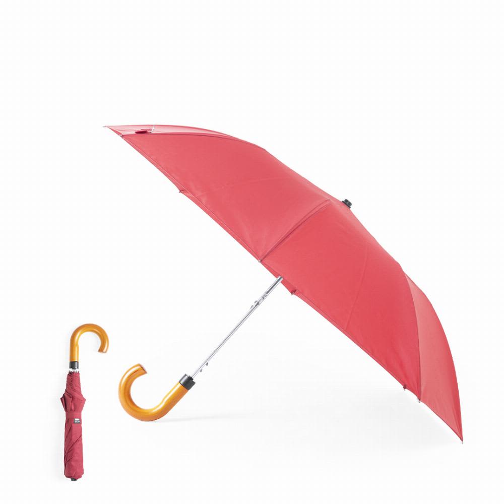 A pink umbrella with a curved orange handle, alongside a folded version of the same umbrella. Branit - Image 1