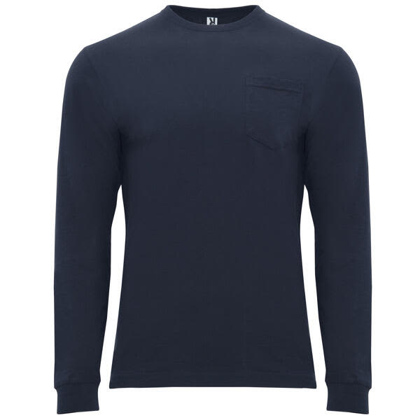 A navy long-sleeved T-shirt featuring a pocket and a logo on the collar. Shiba Long Sleeved T-Shirt - Image 1