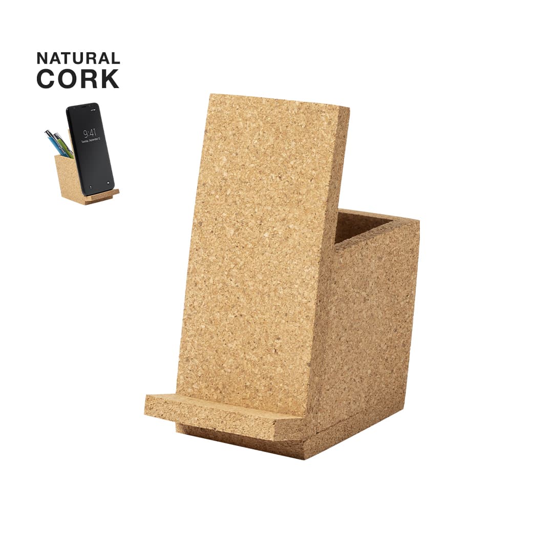 A natural cork pencil holder with a slanted design, featuring a space for pens and a slot for a smartphone. Prosan Pencil Holder - Image 1