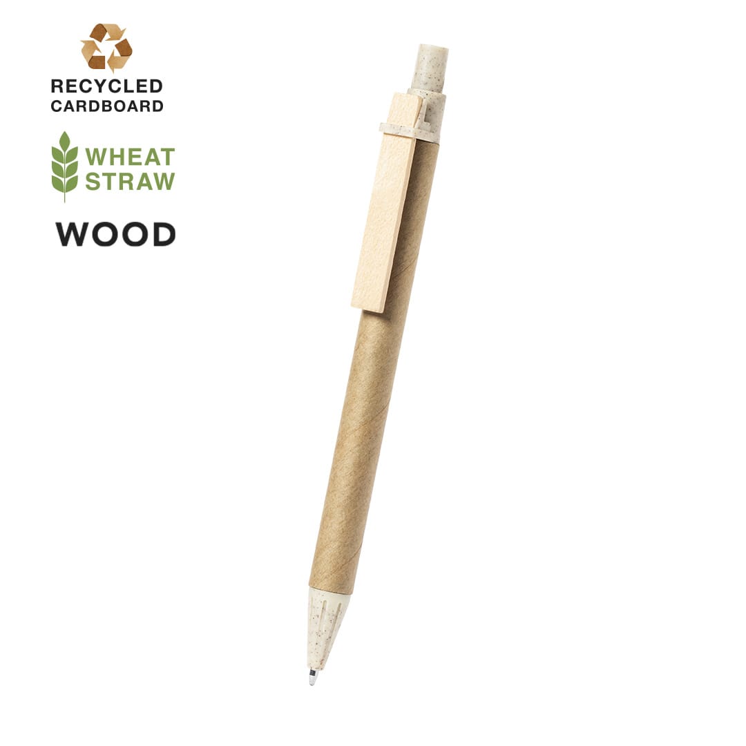 A pen made from recycled cardboard and wheat straw, featuring a wooden finish and a clip. Nazgun Pen - Image 1