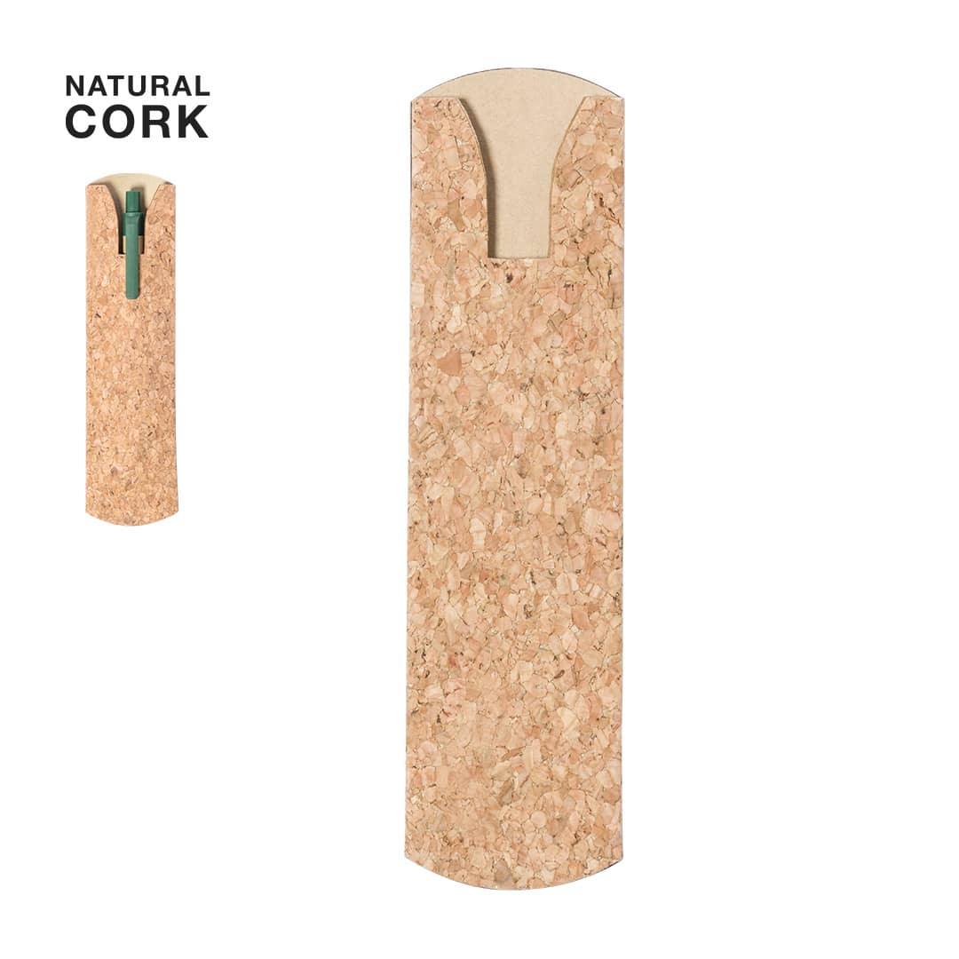 A natural cork pen pouch in a vertical orientation, featuring a slot for a pen and a logo. Brunia Pen Pouch - Image 1