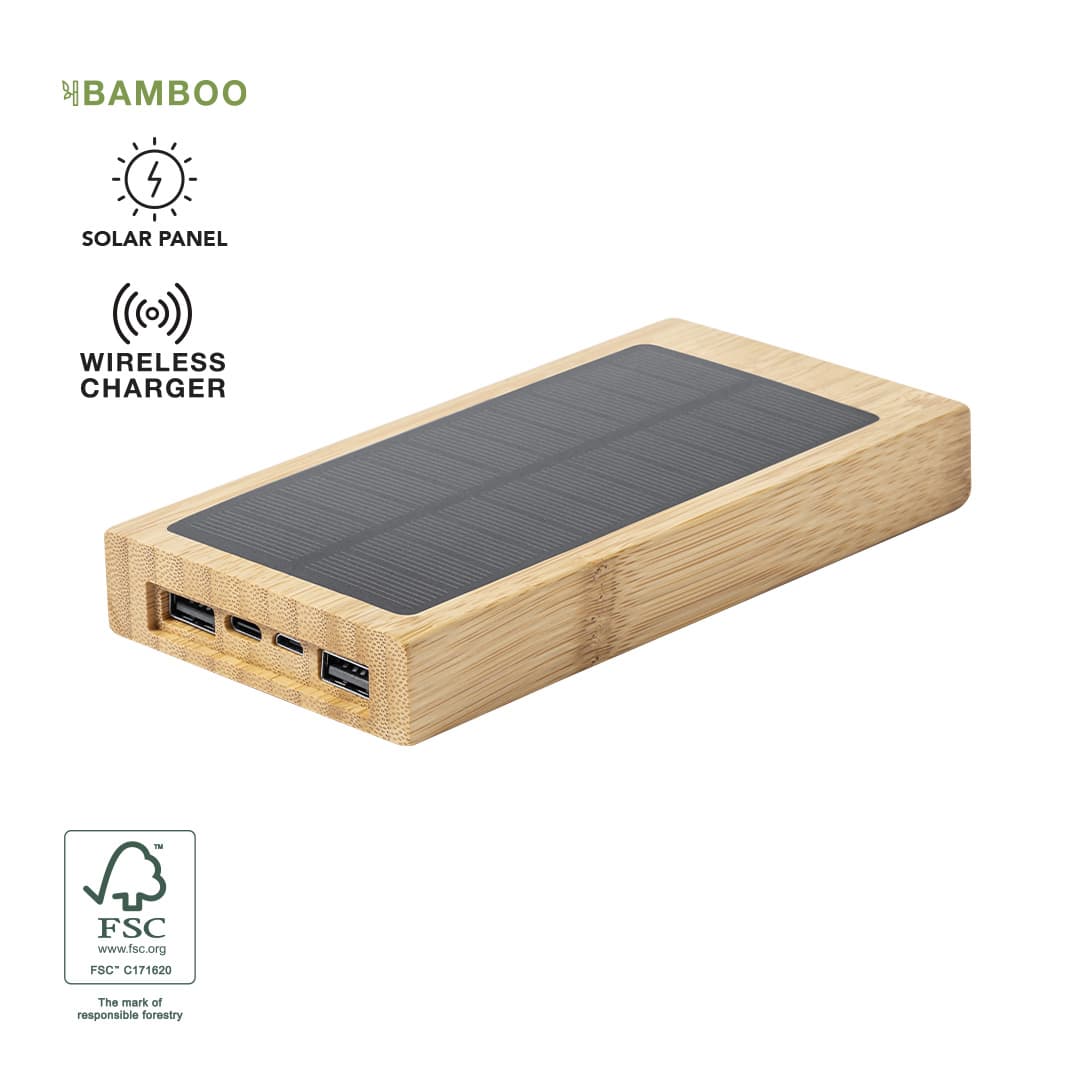 A bamboo power bank with a solar panel, featuring USB ports and a wireless charging surface. Diuk Fsc Power Bank - Image 1