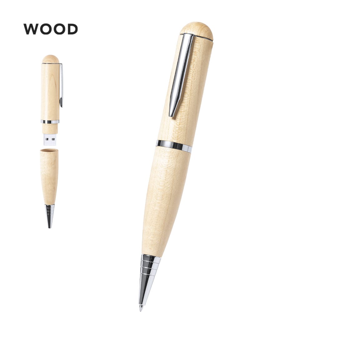 A wooden ballpoint pen with a sleek design, featuring metallic accents and a logo. Kornon 16GB USB Ball Pen - Image 1
