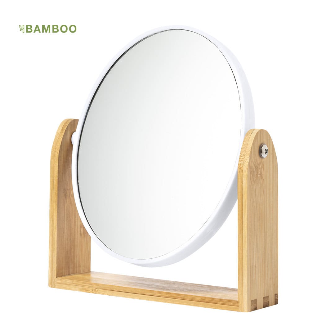 A round mirror with a wooden bamboo stand, featuring a smooth white frame and a polished reflective surface. Rinoco - Image 1