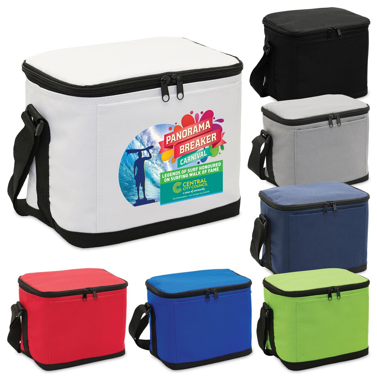 A cooler bag featuring a variety of colours, including white, black, grey, red, blue, and green. It has a logo. 6 Pack Cooler - Image 1