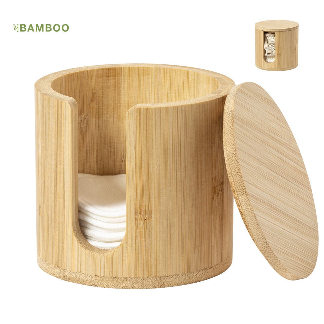 A bamboo cosmetic pad dispenser with a lid, featuring a circular opening and a stack of pads inside. Kiam Cosmetic Pad Dispenser - Image 1