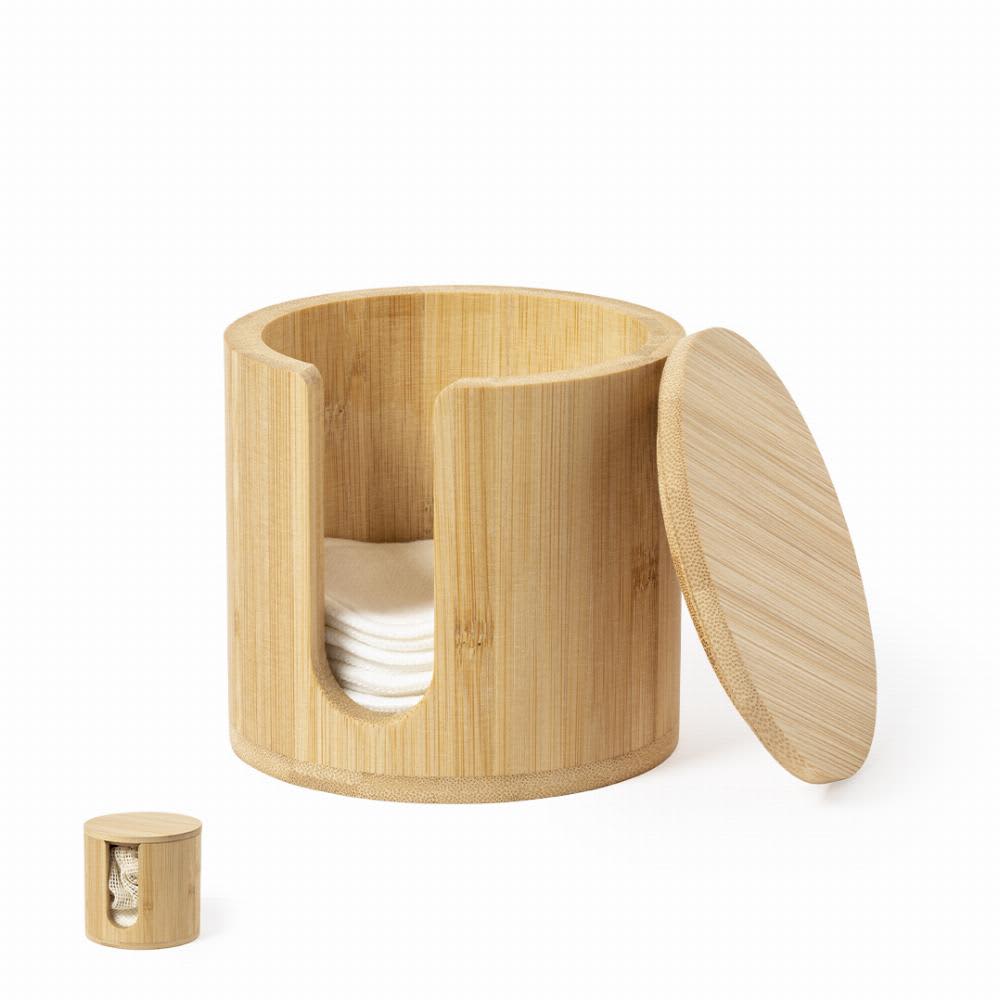 A bamboo storage container with a lid and a cut-out section. Features a small, matching container beside it. Kiam - Image 1