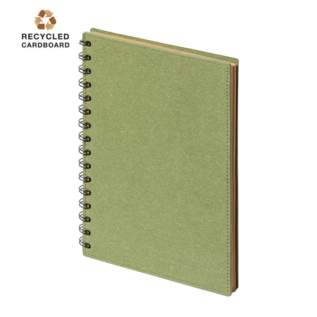 A green notebook with a spiral binding, made from recycled cardboard, featuring a textured cover and a logo. Idina Notebook - Image 1