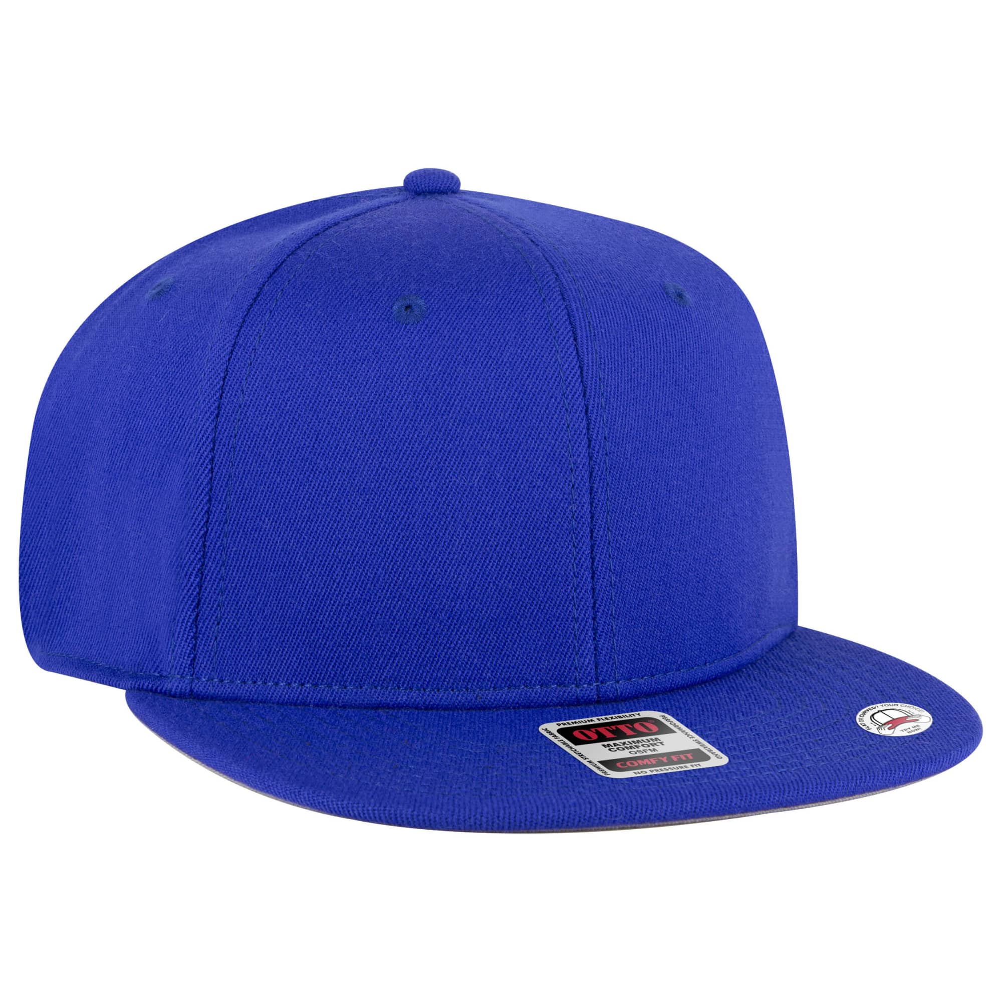 A blue mid-profile snapback hat with a flat brim and a logo on the side. Comfy Fit 6 Panel Mid Profile Style Snapback Cap - Image 1