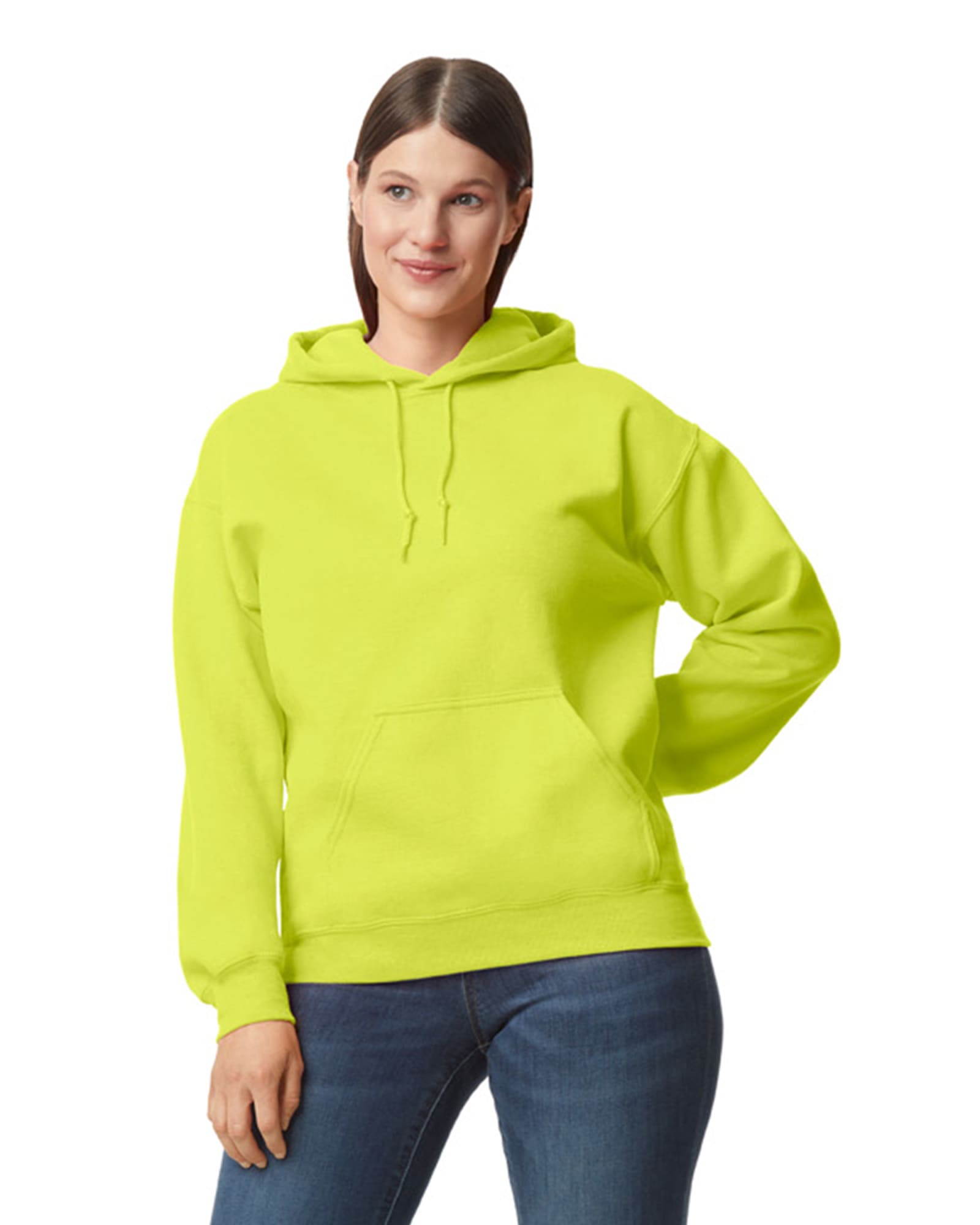 A bright yellow hooded sweatshirt with a front pocket and drawstring, worn by a model. Gildan DryBlend Adult Hooded Sweatshirt - Image 1