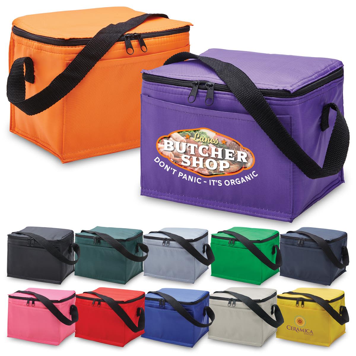 A selection of cooler bags in various colours, featuring a logo on one bag. The bags have black straps and zip closures. Arctic Cooler - Image 1