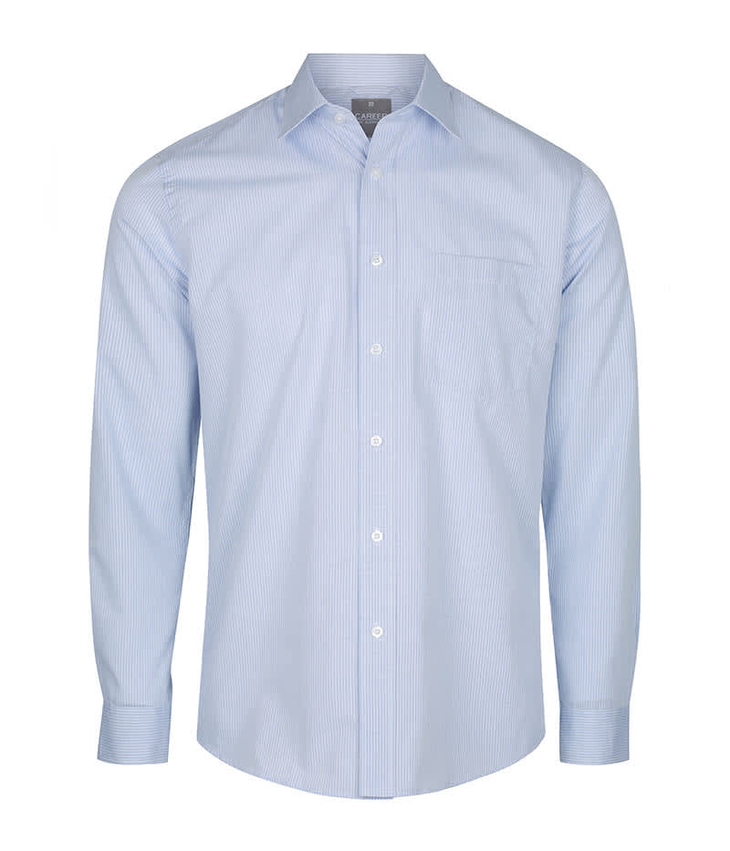 A button-up shirt in light blue with a subtle striped pattern and a single chest pocket. It features a logo on the neckline. Guildford Square - Image 1